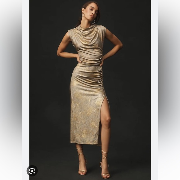 Anthropologie Dresses & Skirts - NWOT Anthropologie The Maya Ruched Cowl Neck Dress Shine Edition Gold Small S